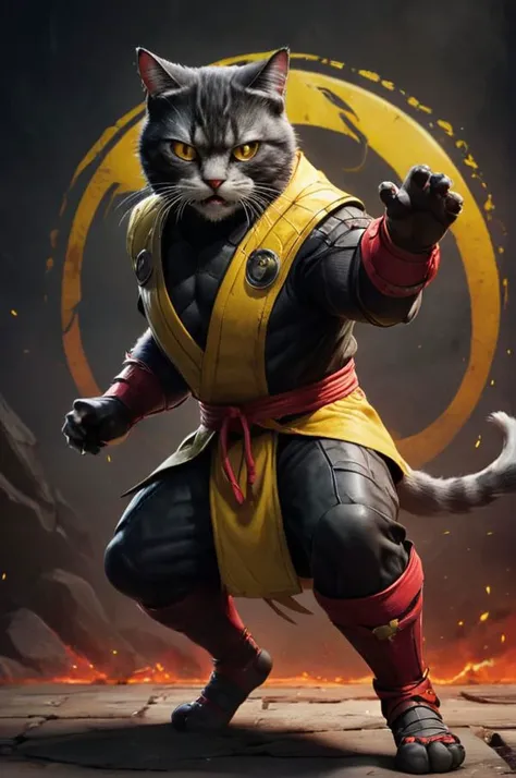 (("Mortal Cat Kombat" (text logo:1.9))) <lora:Harrlogos_v2.0:1. 9>, (full body), (Mortal Kombat movie splash screen, fat cat leaping flying at another cat, wearing clothes of characters from the movie), red and yellow and black colors predominate, hyper-detailing, hyper-realism, sharp shot, cinematic, action-packed background, <lora:xl_more_art-full_v1:1>