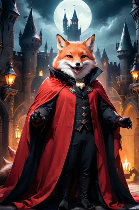 ((fatty fox)) dracula, Victorian style, dracula-inspired, long red-black cloak, fangs, castle, in motion, furry paws, action-packed background  <lora:add-detail-xl:1> <lora:LowRA:1> dark theme, glow <lora:xl_more_art-full_v1:1>