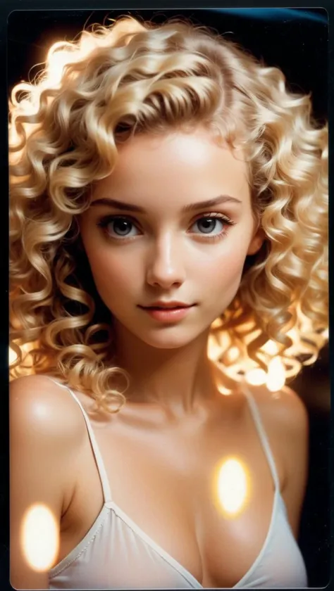 a cute blonde women, curly hair, cimetic light, polaroid flash photo