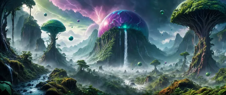 8k, photorealistic, fantasy art, beautiful and verdant forest on an alien planet, beautiful colours, floating spheres, colourful stormy sky, endless forests, endless mountains, vast waterfalls, mists, hdr, ultra detail