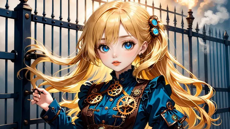 [beautiful (((-yeld Stpunk little giden Blonde lips))) with extremely long rainbow hair], [engulfed in blue fire] AND (Fencing:1.2), chibi