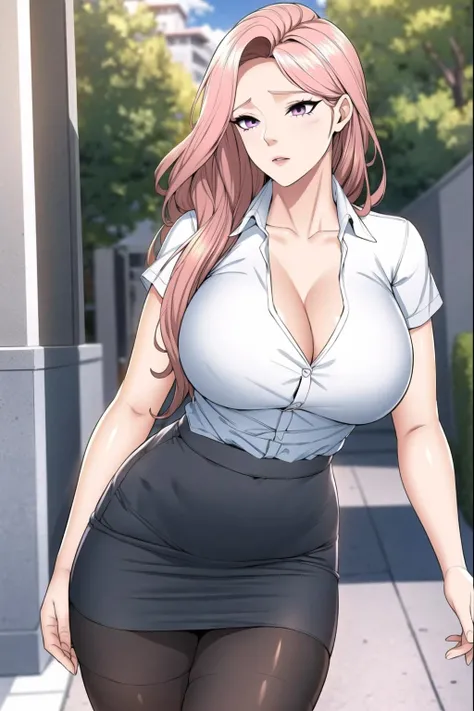 (8k, RAW photo, best quality, masterpiece:1.2),1girl,solo,mature female, purple eyes, pink hair, breasts,cleavage,white shirt,pencil skirt,black pantyhose,
looking to the side,
outdoors,shcool,
<lora:chenfei:0.7>