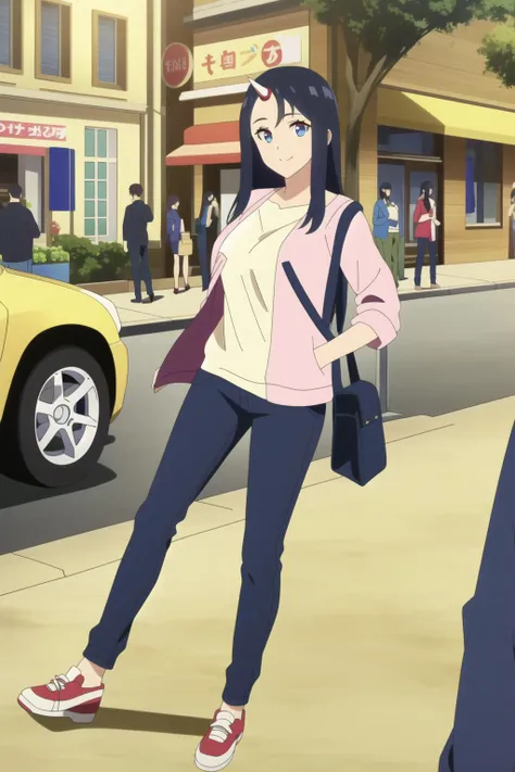 1woman, (masterpice), (high quality), (best quality), (highly detailed), (official art), (proffesional art), (perfect face, eyes and nose) , (highly detailed eyes), large breasts, single horn, ann, black hair, <lora:ann:0.8>, backgrond: city, street, people, (casual clothes:1.3),smile, looking at viewer, alternative pose, good pose, walking