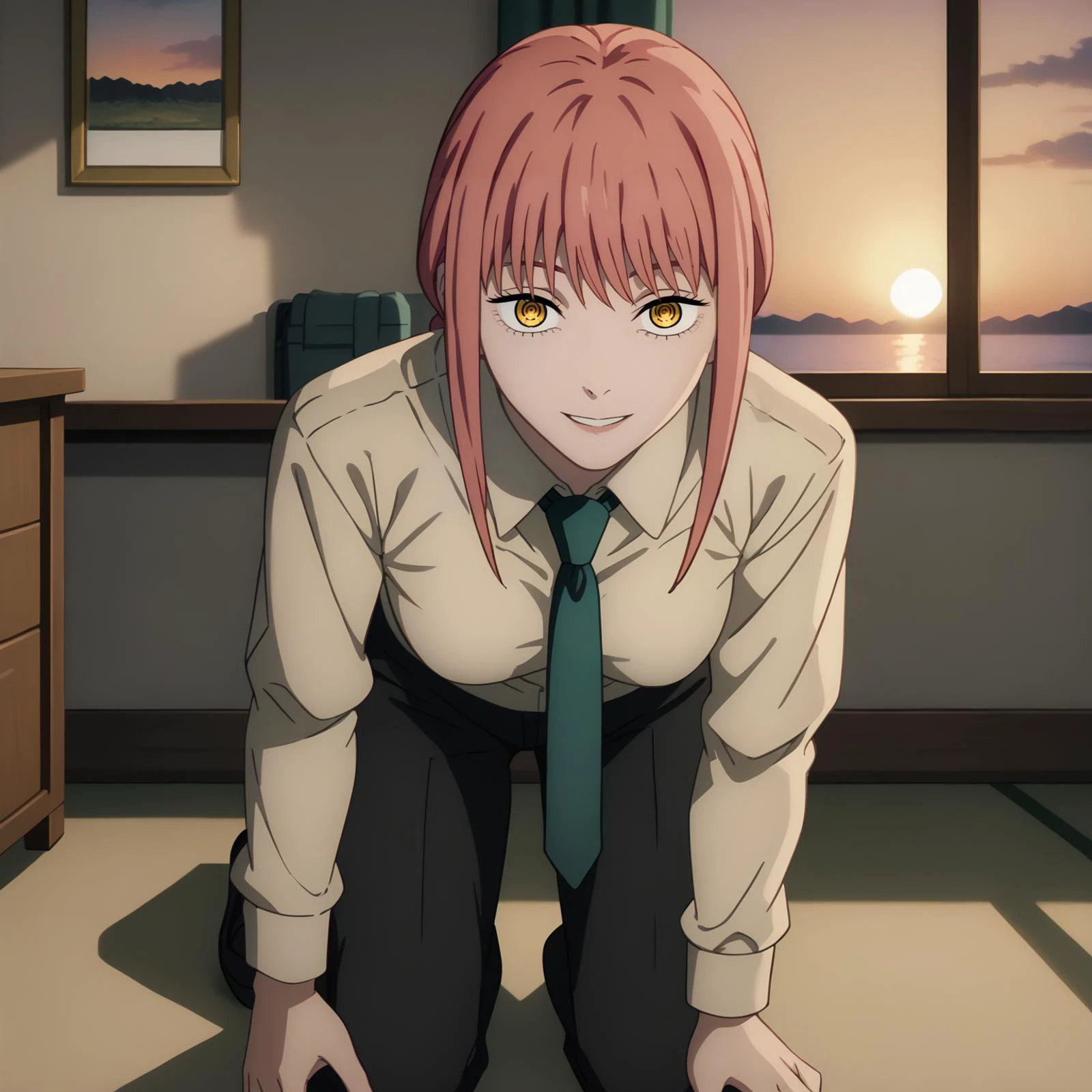<lora:MakimaXLpony001>,
looking at viewer,parted lips,
solo,
Makima,1girl,pink hair,braid,yellow eyes,
medium breasts,
collared shirt,necktie,
black pants,
sunset,smile,kneeling,leaning_forward,indoors,
