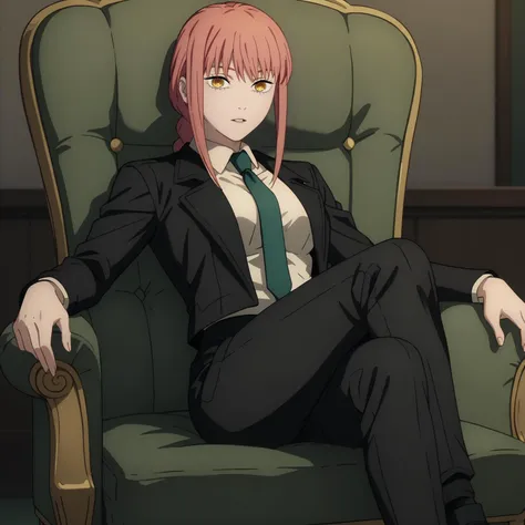 <lora:MakimaXLpony001>,
looking at viewer,parted lips,
solo,
Makima,1girl,pink hair,braid,yellow eyes,
medium breasts,
black suit,necktie,
black pants,
sitting,chair,