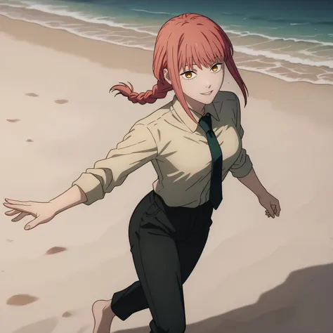 <lora:MakimaXLpony001>,
parted lips,smile,looking at viewer,
solo,
Makima,1girl,pink hair,braid,yellow eyes,
medium breasts,
collared shirt,necktie,
black pants,
sandy beach,seaside,wind,floating hair,evening,