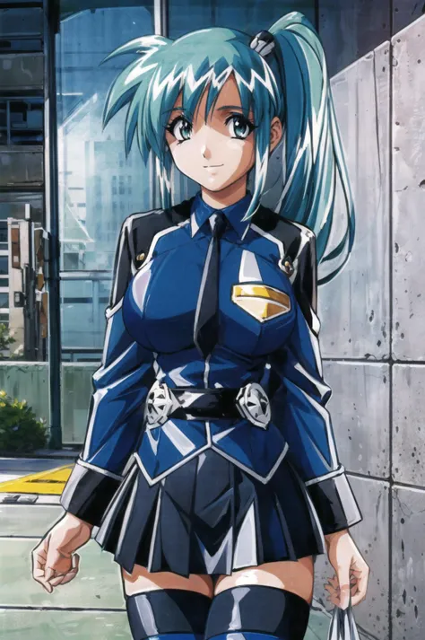 , DIVER_MISAKI , 1990S\(STYLE\), AQUA HAIR, SIDE PONYTAIL HAIR, HAIR ORNAMENT, BLUE EYES, MILITARY UNIFORM, BLACK NECKTIE, BLUE SHIRTS, LONG SLEEVES, BLACK SKIRT, THIGHHIGHS, LARGE BREASTS, masterpiece, best quality, 1girl, looking at viewer, ultra detailed, <lora:add_detail:0.5>,  cowboy shot,   , smile , <lora:kurehamisaki:0.9> , cowboy shot,   <lora:yamashita_toshinari_FW:0.5>, skin tight, skin indentation