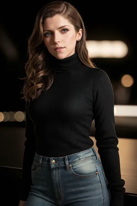 Anna Kendrick ((Wearing a turtleneck and distressed jeans)), ((at a night club)), model shoot style, extremely intricate, High Detail, Sharp focus, dramatic, soft cinematic light, (looking at viewer), (Real Eyes), (Detailed Eye Corneas) (detailed pupils), smiling, 24mm, photo lab, elegant, insane details, hyperdetailed, low contrast, epiCRealism, (((Safe For Work)))