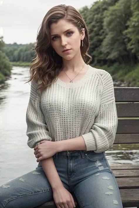 Anna Kendrick ((Wearing a sweater and distressed jeans)), ((Professional Photo Shoot)), ((out in the country next to a river)), ((sitting on a bench next to a river)), model shoot style, extremely intricate, High Detail, Sharp focus, dramatic, soft cinematic light, (looking at viewer), (Real Eyes), (Detailed Eye Corneas) (detailed pupils), smiling, 24mm, photo lab, elegant, insane details, hyperdetailed, low contrast, epiCRealism, (((Safe For Work)))