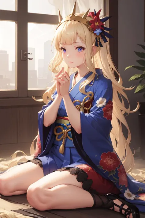 masterpiece, best quality, absurdres, perfect anatomy, 1girl, solo, Cagliostro, long hair, indoors, kimono, hair flower, floral print, wariza, sitting, hands on own knees