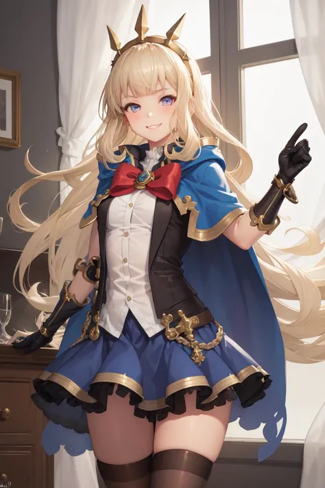 masterpiece, best quality, absurdres, perfect anatomy, 1girl, solo, Cagliostro, long hair, blue skirt, shirt, gloves, bow,black thighhighs, blue cape, standing, smile, cowboy shot, indoors