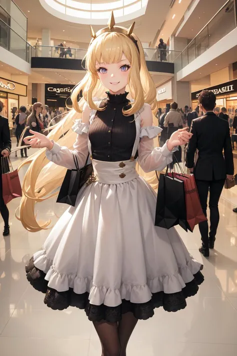 masterpiece, best quality, absurdres, perfect anatomy, 1girl, solo, Cagliostro, long hair, high-waist skirt, long skirt, white skirt, black shirt, long sleeves, smile, standing, indoors, shopping mall