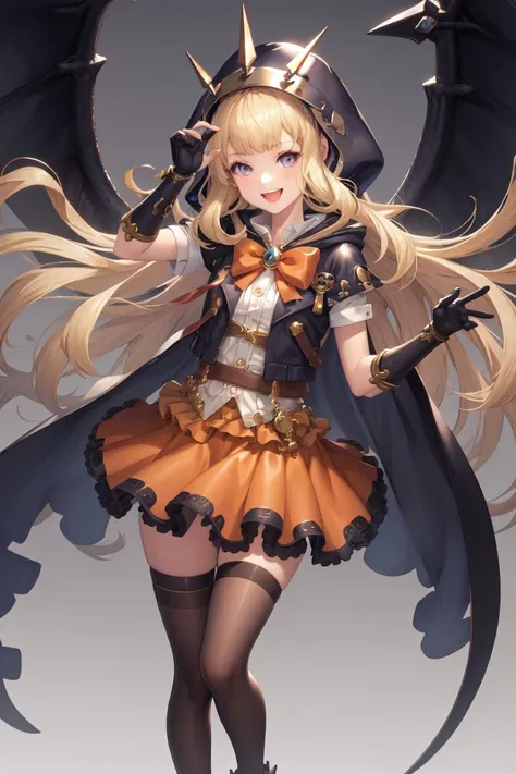 masterpiece, best quality, absurdres, perfect anatomy, 1girl, solo, Cagliostro, long hair, CagliostroHalloween, thighhighs, orange bowtie, orange skirt, halloween costume, hood, black cape, dynamic pose, dynamic angle, smile, :d