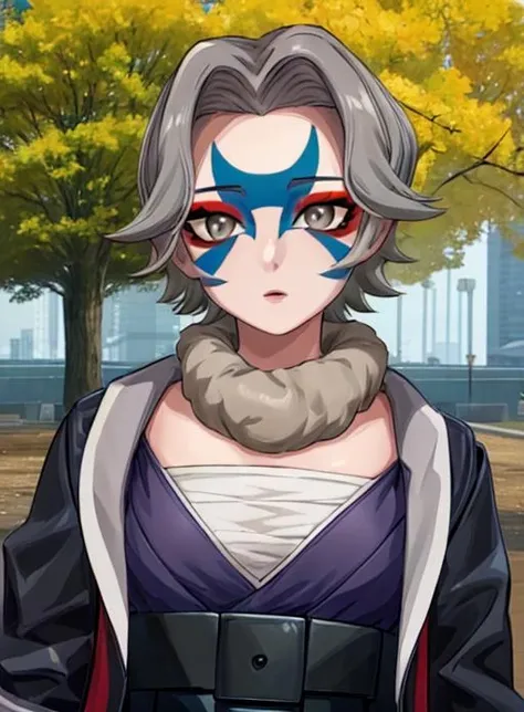 best quality, (masterpiece),(ultra-detailed), (high quality), (high resolution),<lora:add_detail:0.5> , <lora:charm:0.7>,charm, short hair, facepaint, makeup, upper body, grey eyes, jacket, facial mark, grey hair,outdoors, tree,