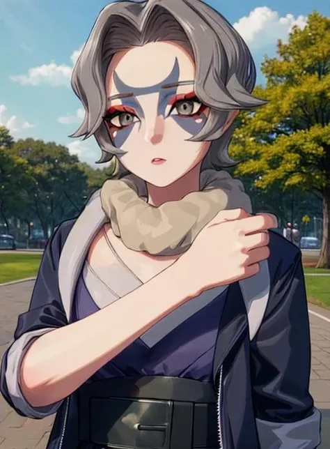 best quality, (masterpiece),(ultra-detailed), (high quality), (high resolution),<lora:add_detail:0.5> ,  <lora:charm:0.7>,charm, short hair, facepaint, makeup,  grey eyes, jacket, facial mark, grey hair,outdoors, tree,