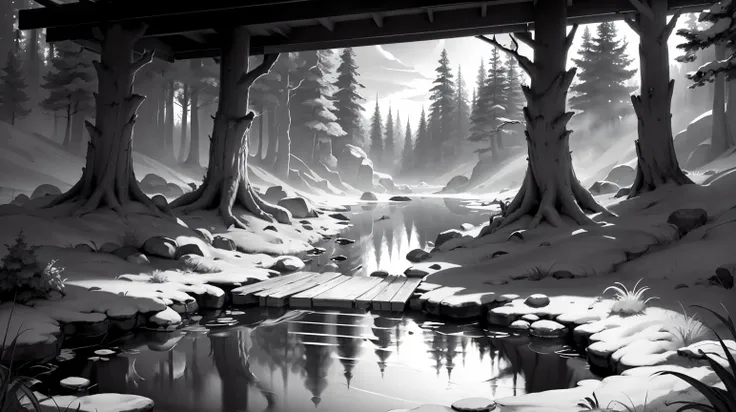 <lora:WhiteboxStyle:0.5> WhiteboxStyle Taiga Lake, Freshwater body in a coniferous forest, a mirror of calm under the setting sun platform level monochrome