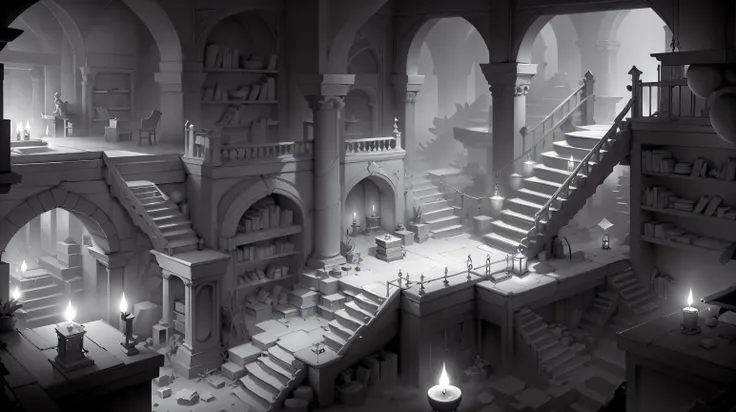 <lora:WhiteboxStyle:0.8> WhiteboxStyle Charming Wizard's Library: Stacked books, floating candles, magical artifacts, spiral staircases, ancient scrolls. monochrome
