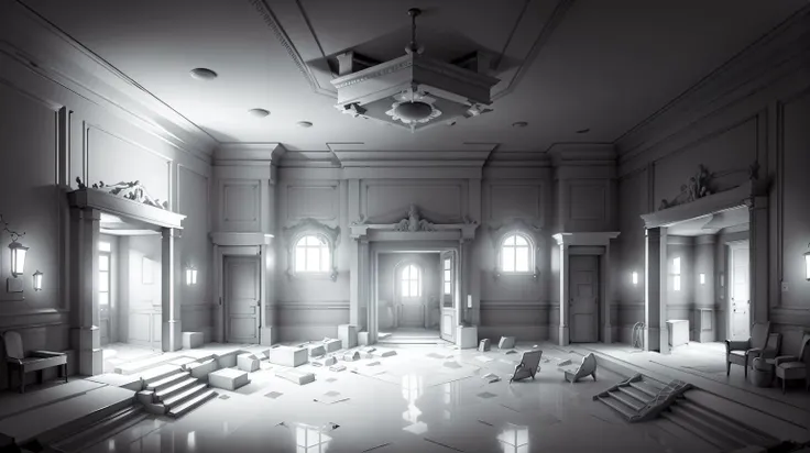 <lora:WhiteboxStyle:0.8> WhiteboxStyle Supernatural Hotel Floors: Shifting rooms, spectral guests, mirror portals, elevator puzzles, eerie ballrooms. monochrome
