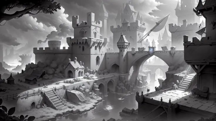 <lora:WhiteboxStyle:0.8> WhiteboxStyle Medieval Castle Ramparts: Battlements, drawbridges, moats, ladders, siege towers, arrow slits, dueling platforms. monochrome