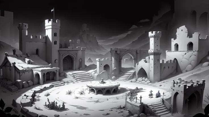<lora:WhiteboxStyle:0.8> WhiteboxStyle King Arthur's Round Table Challenges: Jousting tournaments, sword in the stone, Merlin's magic, knightly quests, castle sieges. monochrome