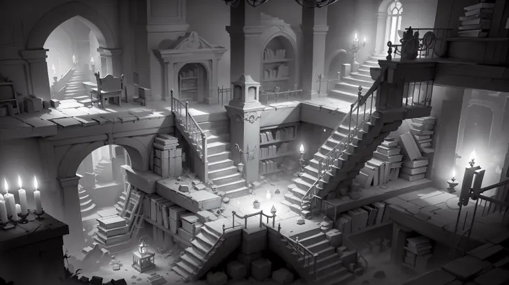 <lora:WhiteboxStyle:0.8> WhiteboxStyle Charming Wizard's Library: Stacked books, floating candles, magical artifacts, spiral staircases, ancient scrolls. monochrome