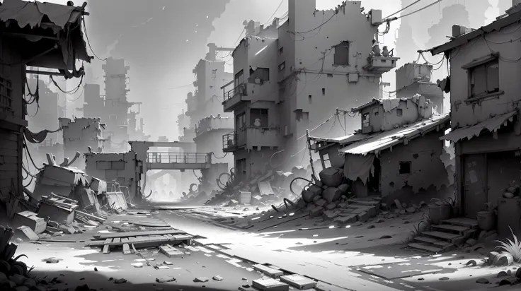 <lora:WhiteboxStyle:0.8> WhiteboxStyle Dense Futuristic Slum: Stacked shanties, hanging cables, busy street vendors, graffiti, narrow alleys. monochrome