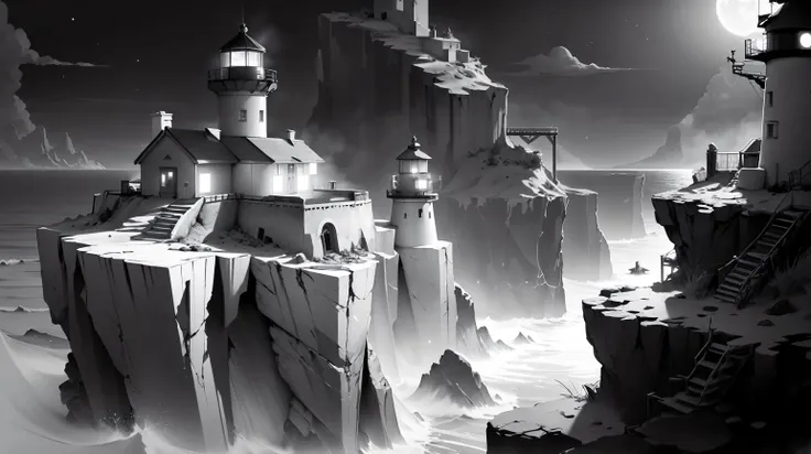 <lora:WhiteboxStyle:0.5> WhiteboxStyle Coastal Cliff, Steep drop-offs into the sea, a lighthouse glowing in the moonlight platform level monochrome