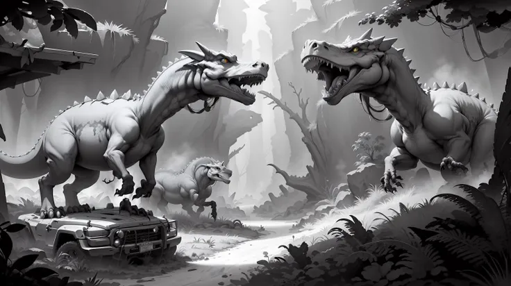 <lora:WhiteboxStyle:0.8> WhiteboxStyle Safari Dinosaur Hunting Grounds: Tracking prehistoric creatures, survival tactics, jeep driving, tranquilizer challenges, fossil excavation. monochrome