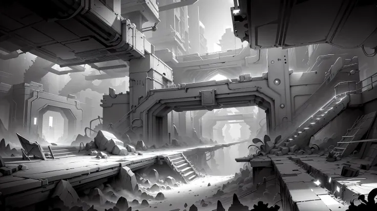 <lora:WhiteboxStyle:0.8> WhiteboxStyle Time Traveler's Corridor: Clockwork platforms, era portals, history-based puzzles, temporal anomalies, warp zones. monochrome