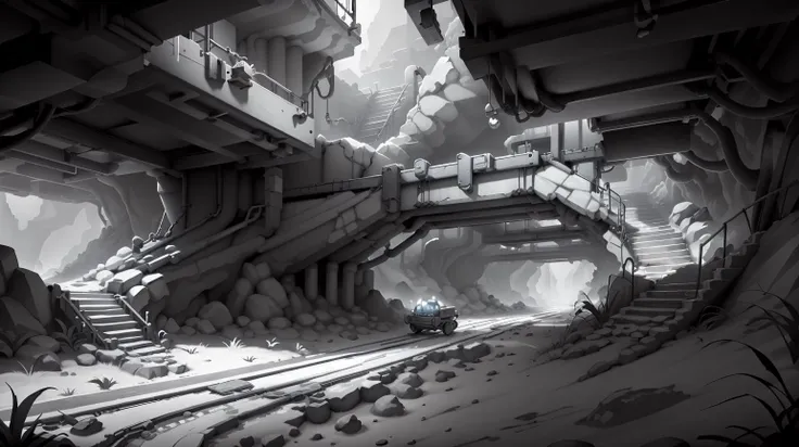 <lora:WhiteboxStyle:0.8> WhiteboxStyle Underground Mine Rails: Minecart tracks, rocky tunnels, swinging pickaxes, hidden treasure, rideable carts, sudden drops. monochrome