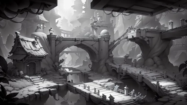 <lora:WhiteboxStyle:0.8> WhiteboxStyle Fairy Tale Book World: Pop-up obstacles, ink rivers, paper bridges, story-driven paths, character interactions. monochrome