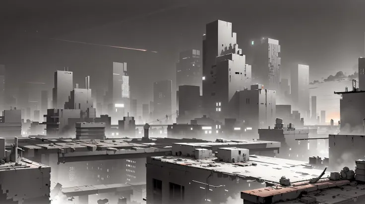 <lora:WhiteboxStyle:0.8> WhiteboxStyle Towering Skyscraper Rooftop: City skyline, helipad, strong winds, glass barriers, distant traffic, sunset glow. monochrome