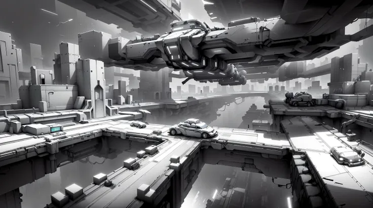 <lora:WhiteboxStyle:0.8> WhiteboxStyle Future Tokyo Hovercar Racing: High-tech courses, aerial stunts, neon cityscapes, upgrade shops, rival gang races. monochrome