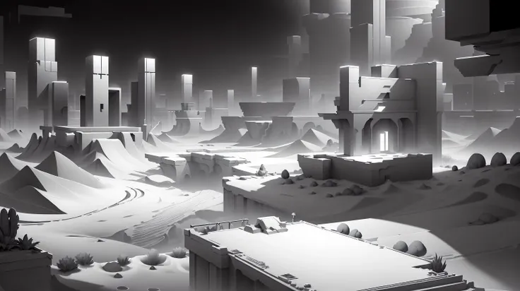 <lora:WhiteboxStyle:0.8> WhiteboxStyle Magic Carpet Desert Race: Floating dunes, wind currents, carpet controls, oasis checkpoints, desert landscapes. monochrome