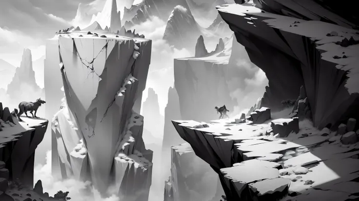 <lora:WhiteboxStyle:0.5> WhiteboxStyle Crag, Jagged rock formation, mountain goats adeptly navigating the precarious slopes platform level monochrome