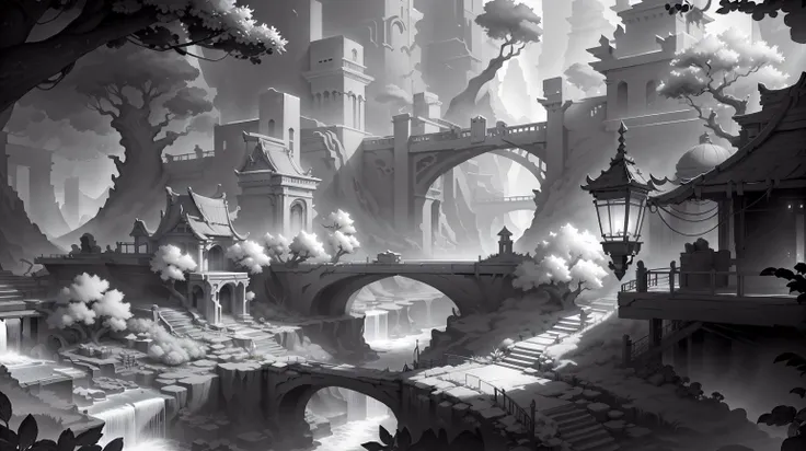 <lora:WhiteboxStyle:0.8> WhiteboxStyle Majestic Elven City: Graceful architecture, waterfalls, glowing trees, elegant bridges, floating lanterns. monochrome