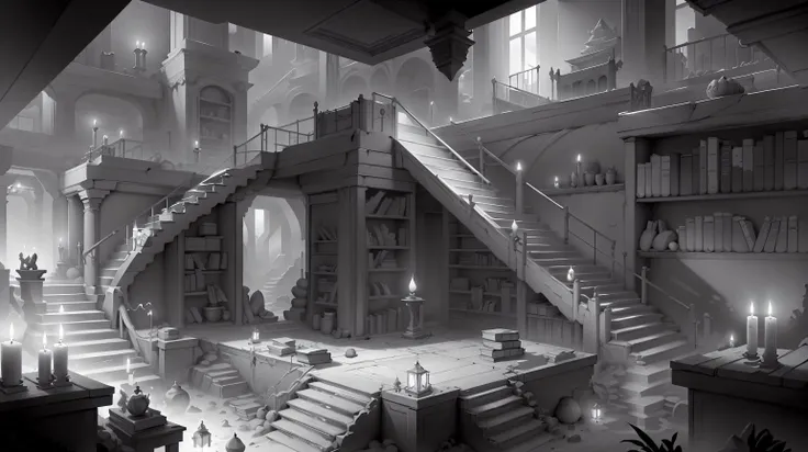 <lora:WhiteboxStyle:0.8> WhiteboxStyle Charming Wizard's Library: Stacked books, floating candles, magical artifacts, spiral staircases, ancient scrolls. monochrome