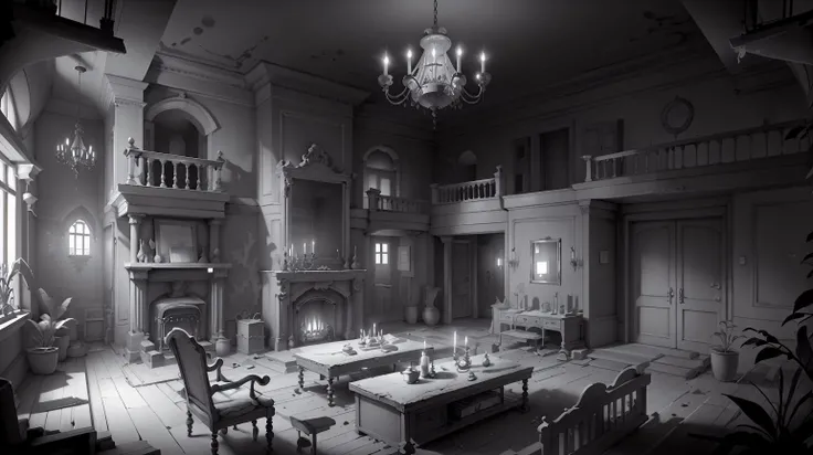 <lora:WhiteboxStyle:0.8> WhiteboxStyle Haunted Victorian Mansion: Ghostly encounters, chandelier puzzles, hidden keys, sance rooms, cobweb-filled attics. monochrome