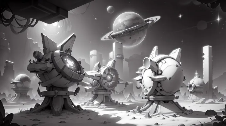 <lora:WhiteboxStyle:0.8> WhiteboxStyle Glistening Celestial Observatory: Telescopes, star charts, celestial domes, gleaming planets, otherworldly glow. monochrome