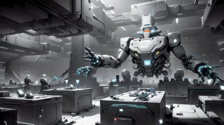 <lora:WhiteboxStyle:0.8> WhiteboxStyle Futuristic AI Corporation Infiltration: Coding challenges, robot control, server hacking, data retrieval, stealth evasion. monochrome