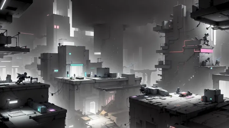 <lora:WhiteboxStyle:0.8> WhiteboxStyle Cyberpunk Slums Rooftop Parkour: Neon signage jumps, drone hacking, black market trades, gang chases, augmented reality. monochrome