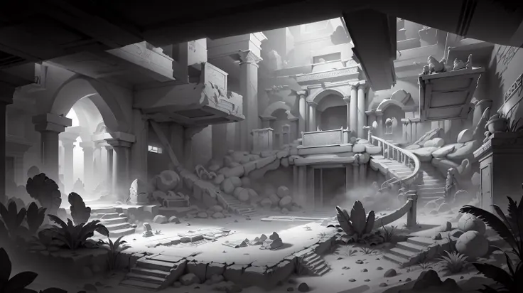 <lora:WhiteboxStyle:0.8> WhiteboxStyle Mysterious Egyptian Catacombs: Sarcophagi, booby traps, sandy pits, sliding walls, puzzle-based doors, ancient riddles. monochrome