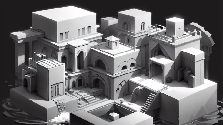 <lora:WhiteboxStyle:0.8> WhiteboxStyle, water city, cube, low-poly, simple shapes, monochrome