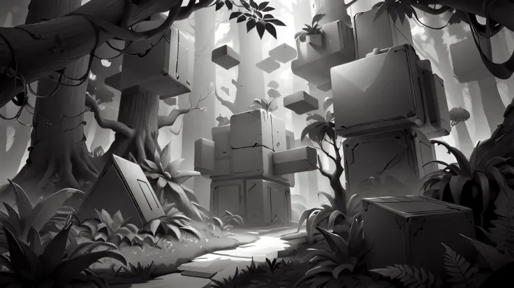 <lora:WhiteboxStyle:0.8> WhiteboxStyle, electrified forest, cube, low-poly, simple shapes, monochrome