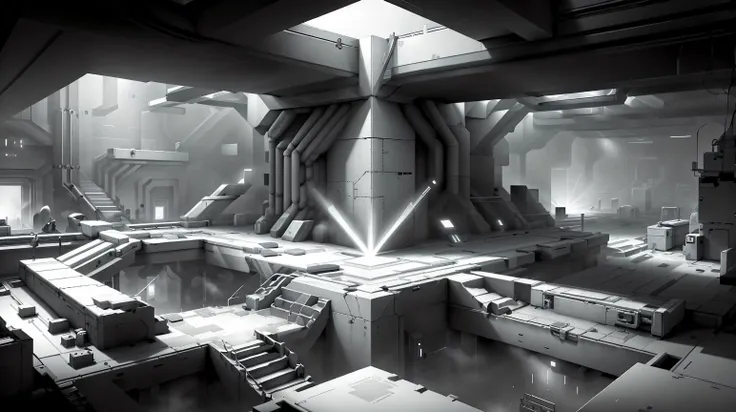 <lora:WhiteboxStyle:0.8> WhiteboxStyle, High-Tech Security Vault: Laser beams, pressure-sensitive floors, retractable walls, biometric scans, stealth challenges. monochrome