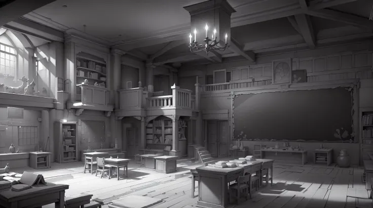 <lora:WhiteboxStyle:0.8> WhiteboxStyle, Magical School Classroom: Floating books, enchanted chalkboards, potion bottles, student robes, magical creatures. monochrome