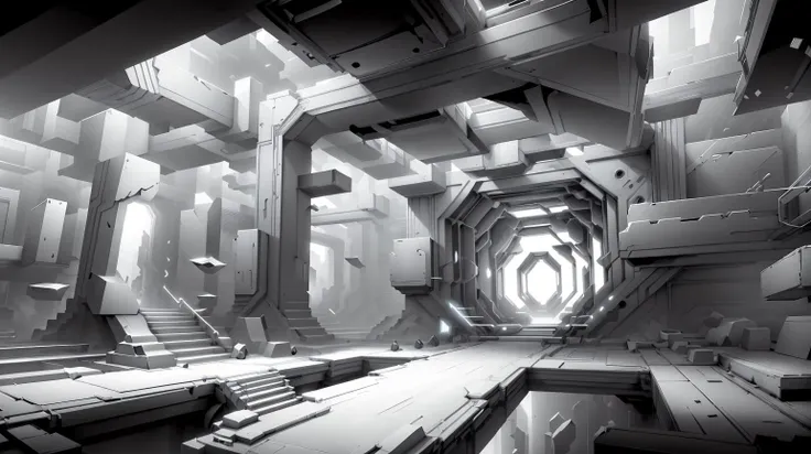 <lora:WhiteboxStyle:0.8> WhiteboxStyle, Dimensional Warp Chambers: Shifting walls, gravity-defying platforms, optical illusions, time loops, teleportation portals. monochrome