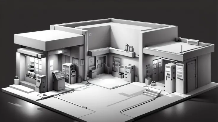 <lora:WhiteboxStyle:0.8> WhiteboxStyle, gas station, cube, low-poly, simple shapes, monochrome
