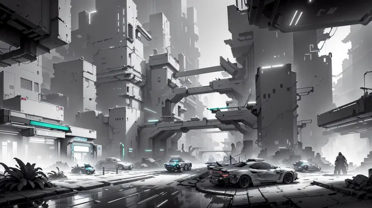 <lora:WhiteboxStyle:0.8> WhiteboxStyle, High-Tech Cyberpunk City Street: Neon signs, crowded market, futuristic vehicles, tall chrome buildings, wet reflective pavement. monochrome