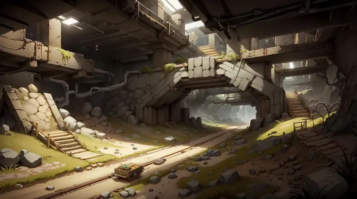 <lora:WhiteboxStyle:0.8> WhiteboxStyle, Underground Mine Rails: Minecart tracks, rocky tunnels, swinging pickaxes, hidden treasure, rideable carts, sudden drops.